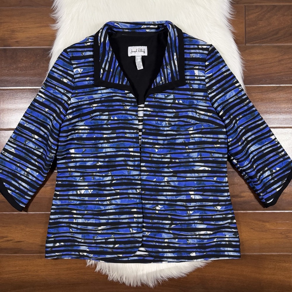 Joseph Ribkoff Women's Size 16 Blue and Black Open Front Cardigan Blazer Jacket